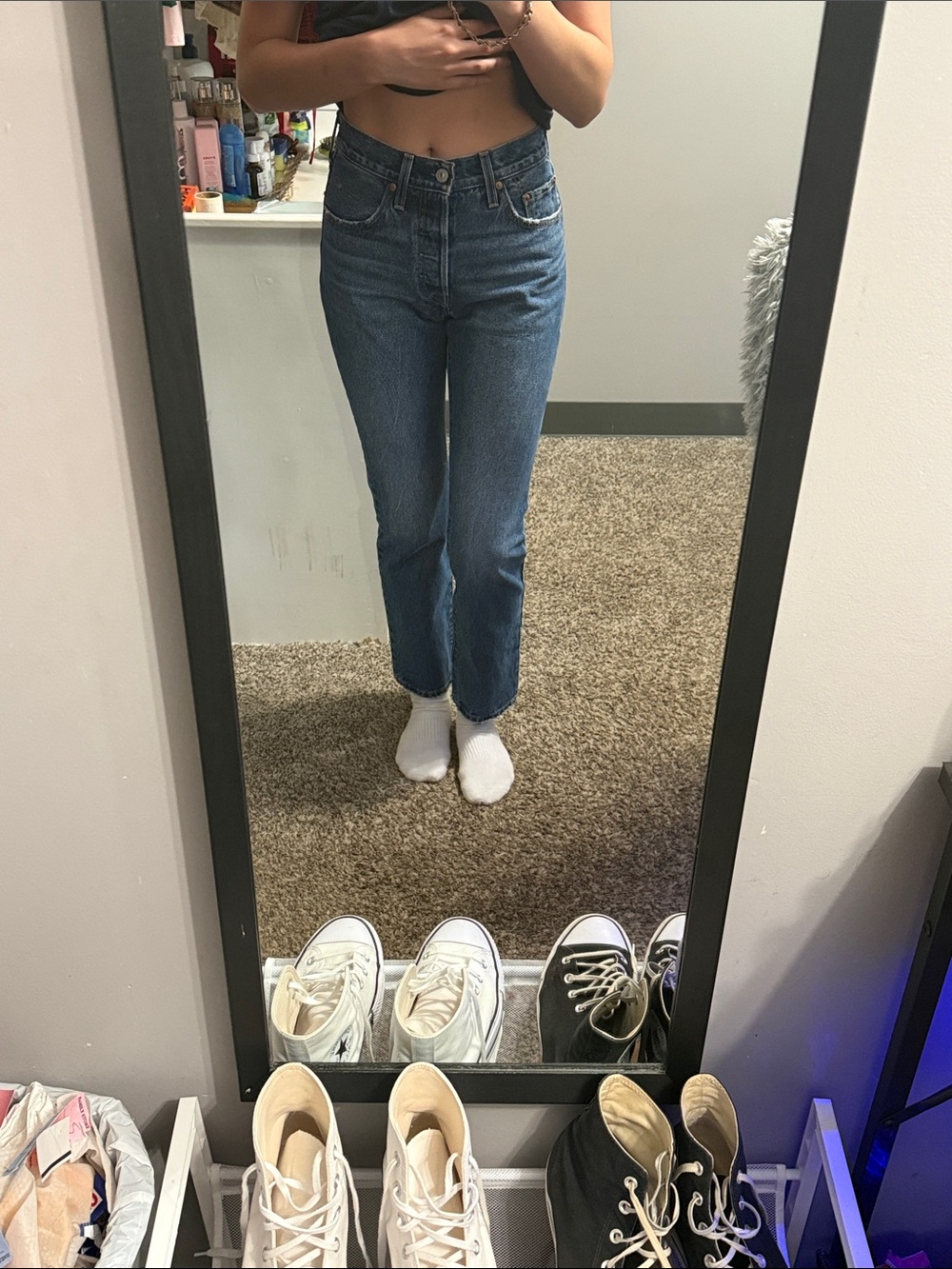 Levi 501 High-Rise Straight Leg Jeans in Dark Blue Denim - Picture 3 of 10